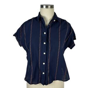 Madewell Navy Button Down Shirt with mauve stitching vertical stripes